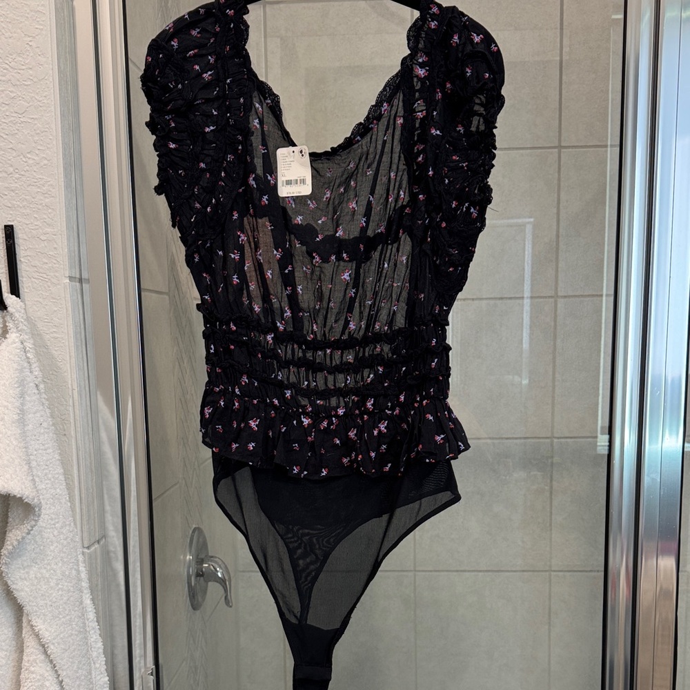 Free People Black Floral Bodysuit